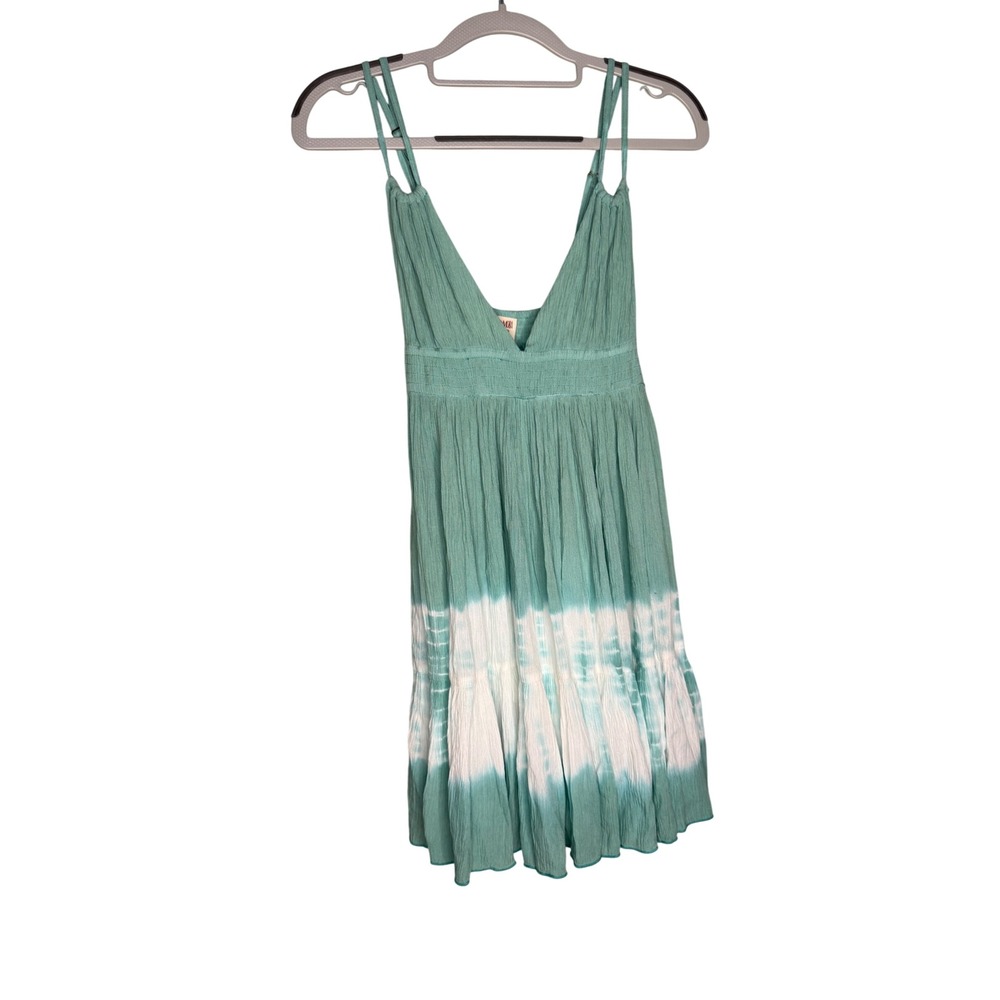 Mora Tie Dye Mini Dress Sage Green White Smocked Boho Rayon One Size NWT